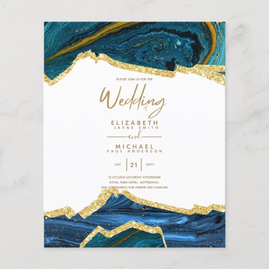 Sublime BLAUWGROEN GOLD Agate Style Wedding Invita (Voorkant)