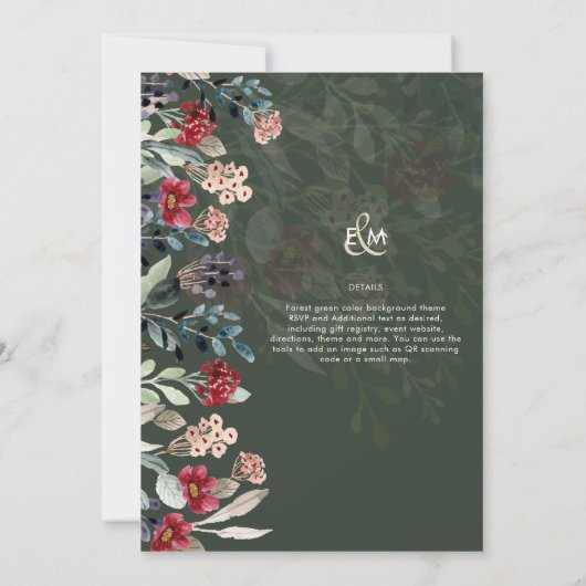 Sublime Burgundy Blue Wildflower Wedding Elegant Kaart (Achterkant)