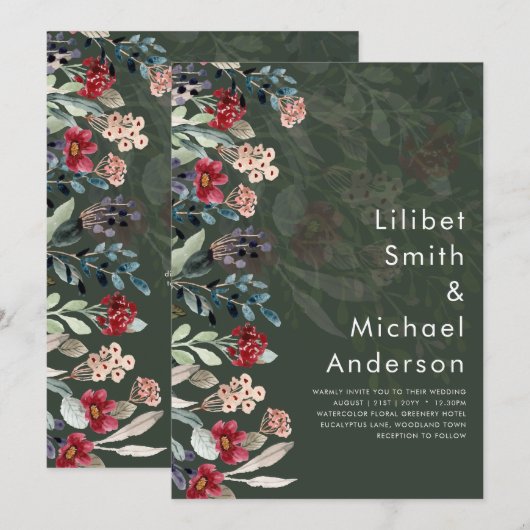 Sublime Burgundy Blue Wildflower Wedding Elegant Kaart (Voorkant / Achterkant)