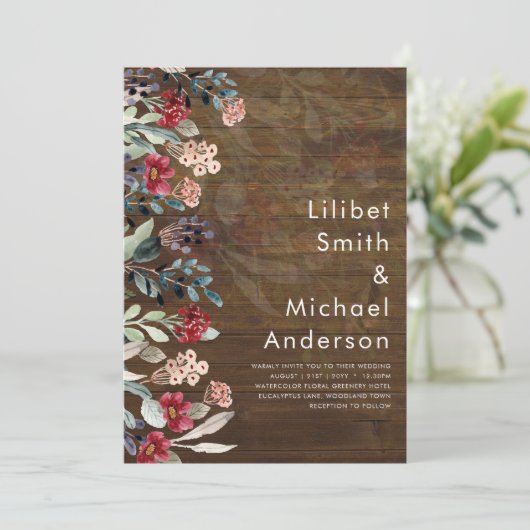 Sublime Burgundy Blue Wildflower Wedding Elegant Kaart (Staand voorkant)