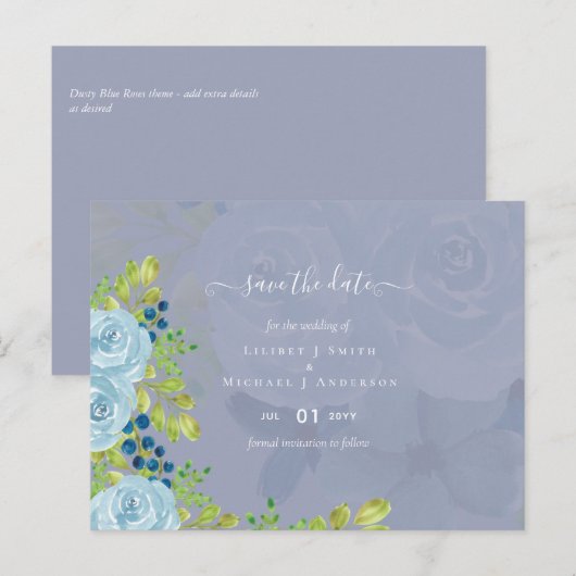 Sublime DUSTY BLUE Floral Wedding Suite Briefkaart (Voorkant / Achterkant)
