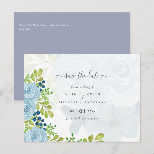 Sublime DUSTY BLUE Floral Wedding Suite Briefkaart (Voorkant / Achterkant)