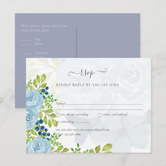 Sublime DUSTY BLUE Floral Wedding Suite Briefkaart (Voorkant / Achterkant)