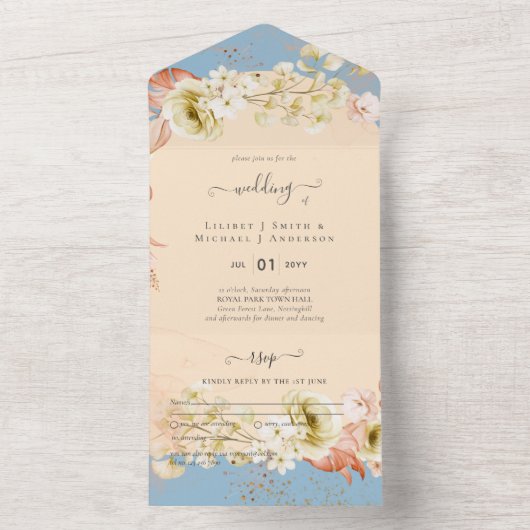 Sublime Dusty Blue Peach Wedding All In One Uitnodiging (Binnen)