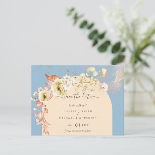 Sublime Dusty Blue Peach Wedding Briefkaart (Staand voorkant)