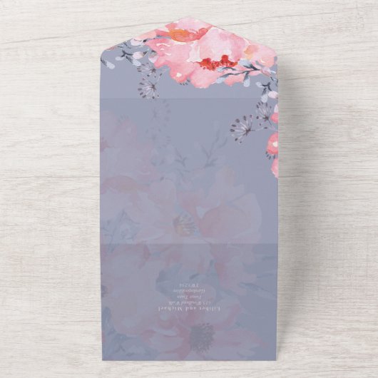 Sublime Dusty Blue Pink Blossom Wedding Suite Alle All In One Uitnodiging (Buitenkant)
