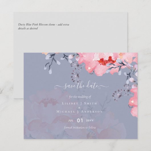 Sublime Dusty Blue Pink Blossom Wedding Suite Briefkaart (Voorkant / Achterkant)