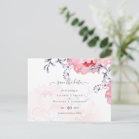 Sublime Dusty Blue Pink Blossom Wedding Suite Briefkaart (Staand voorkant)