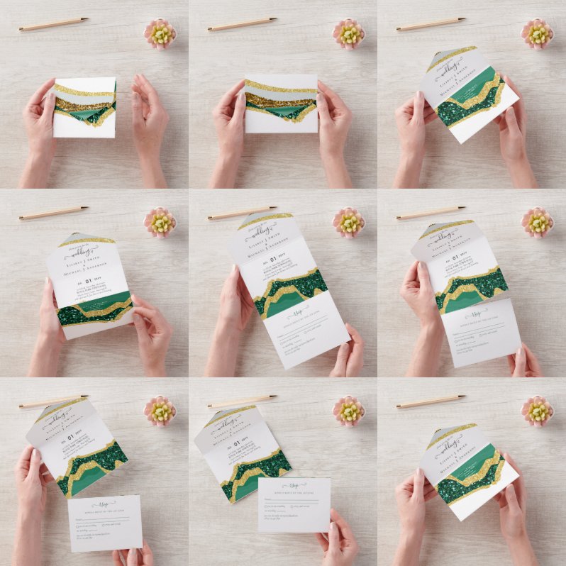 Sublime Emerald Green Gold Agate Wedding All In One Uitnodiging