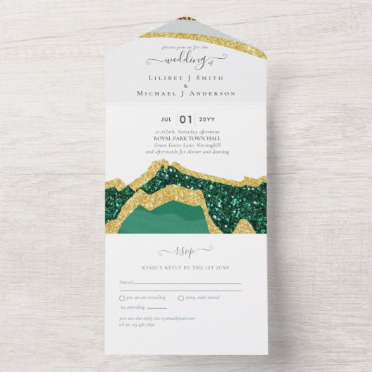 Sublime Emerald Green Gold Agate Wedding All In One Uitnodiging (Binnen)