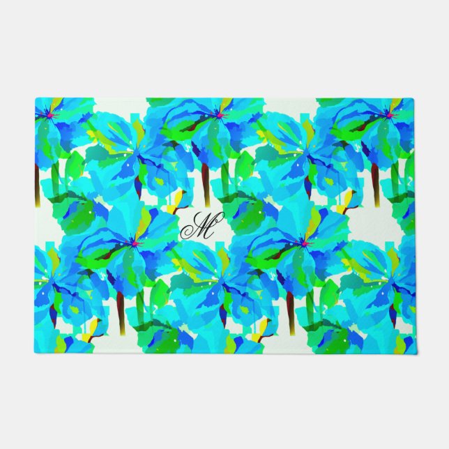 Sublime Himalayan Poppy Aqua Green Floral Pattern Deurmat (Voorkant)