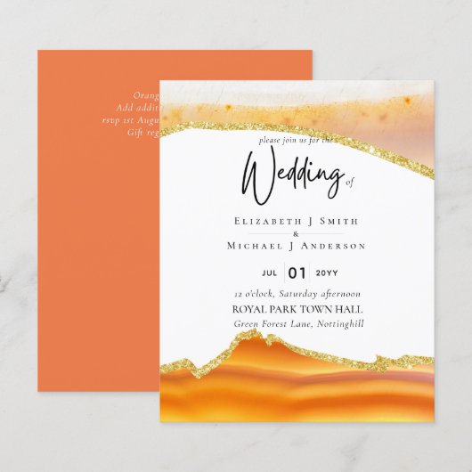 Sublime Oranje Gold Agate Wedding INVITES BUDGET (Voorkant / Achterkant)