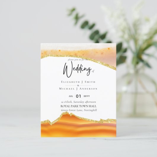 Sublime Oranje Gold Agate Wedding INVITES BUDGET (Staand voorkant)