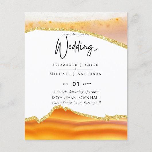 Sublime Oranje Gold Agate Wedding INVITES BUDGET (Voorkant)