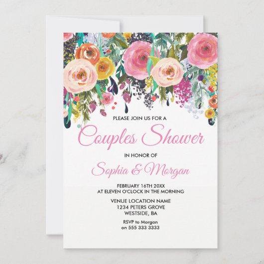 Sublime Pink Floral Colorful Couples Shower Invite Kaart (Voorkant)