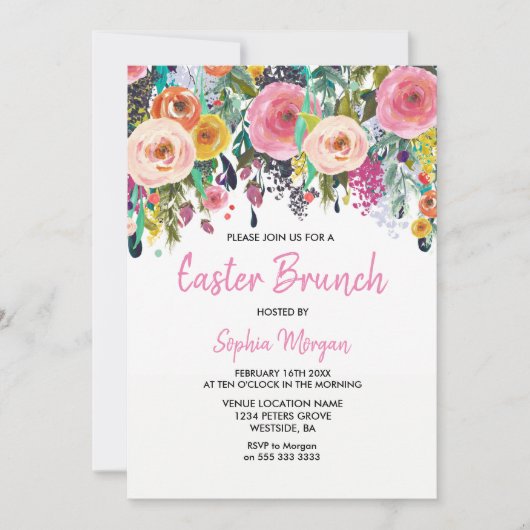 Sublime Pink Floral Colorful Easter Brunch Invite Kaart (Voorkant)