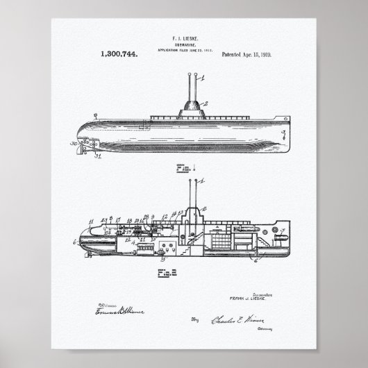 Submarine 1919 Patent Art Witboek Poster (Voorkant)