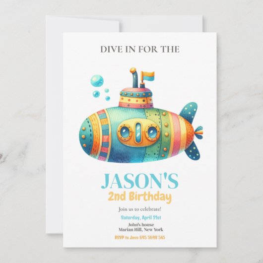 Submarine Waterverf Kids Verjaardagsfeest Kaart (Voorkant)