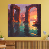 Submerged Ruins - Landscape Illustration Style Canvas Afdruk (Insitu (Woonkamer))