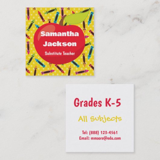 Substituut leraar rode appel kleurrijke kleurrijke vierkante visitekaartje (Voorkant / Achterkant)