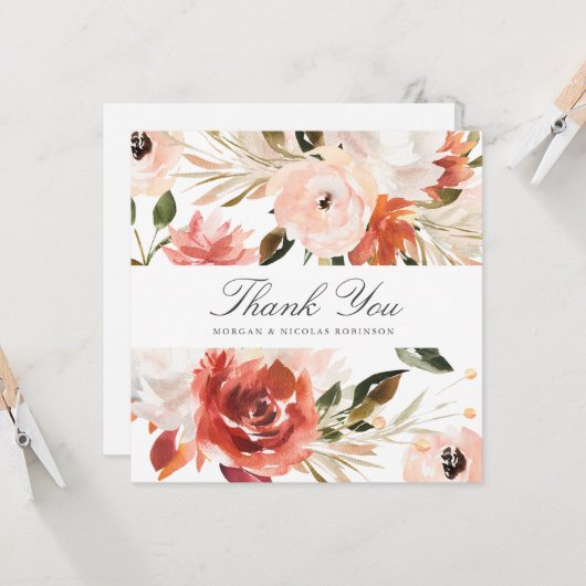 Subtiel rood en wit bloemenplein dank u kaart (Voorkant / Achterkant in situ)