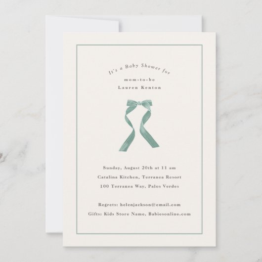 Subtiel Sage Green Bow Classic Baby shower Kaart (Voorkant)