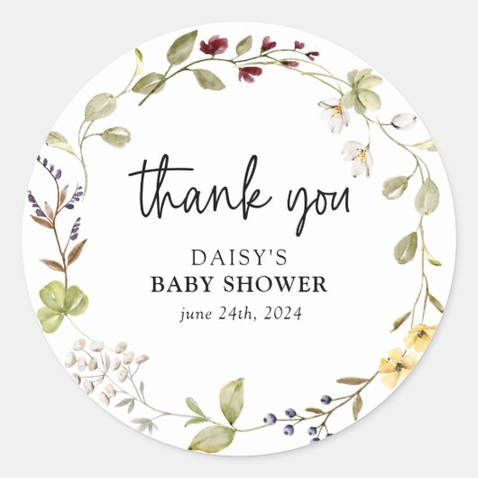 Subtiel Wildflower Wreath Baby shower Ronde Sticker (Voorkant)