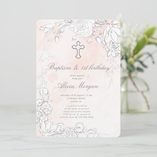 Subtiele bloesemdoop en eerste verjaardag kaart (Staand voorkant)