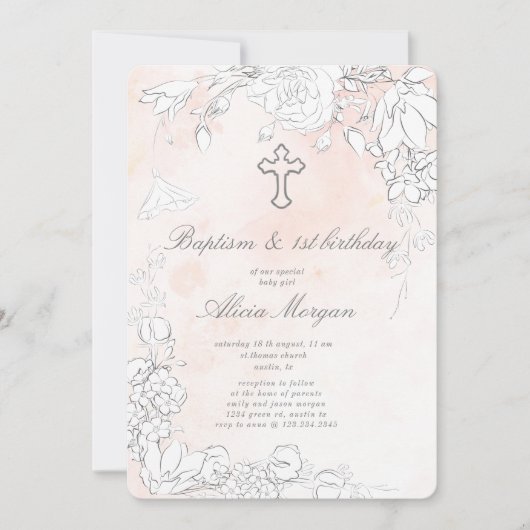 Subtiele bloesemdoop en eerste verjaardag kaart (Voorkant)