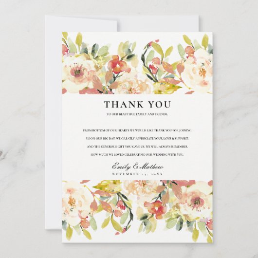 SUBTIELE BLOZEN PERZIK ROZE WATERVERF FLORALE TROU BEDANKKAART (Voorkant)