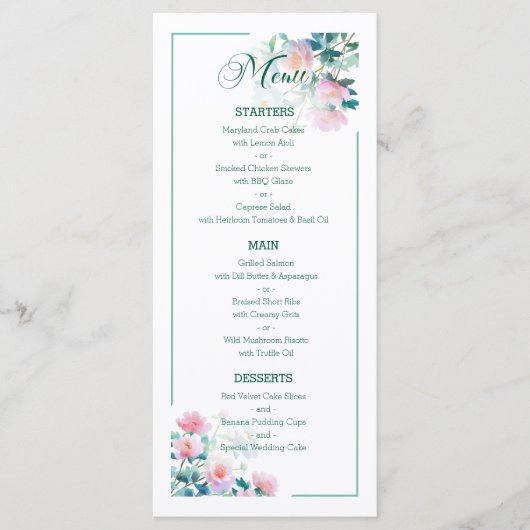 Subtiele Botanische Blush Roze Pioen Bloemen Bruil Menu (Voorkant)