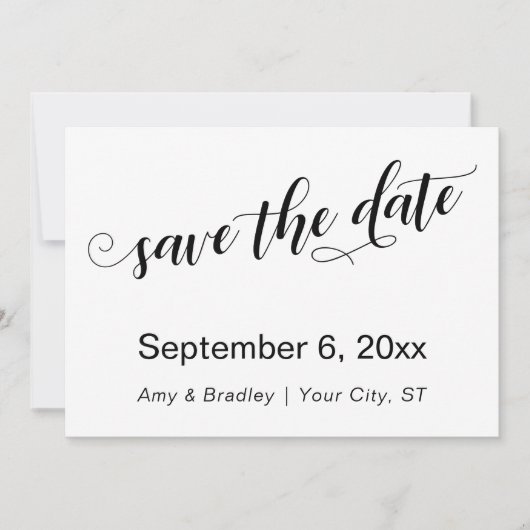 Subtiele, chic typografie op witte save the date (Voorkant)