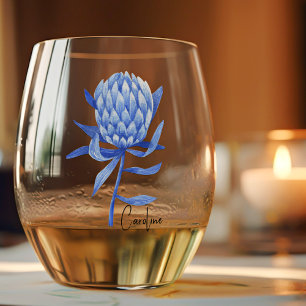 Subtiele Elegante Naam op Cobalt Protea Bloem Wijnglas Zonder Voet