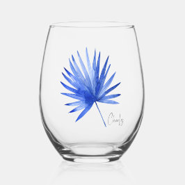 Subtiele elegante naam op kobalt tropisch palmblad wijnglas zonder voet