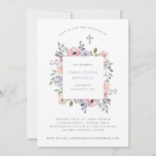 Subtiele Rozen van de Waterverf met Kruis | Baptis Kaart (Voorkant)