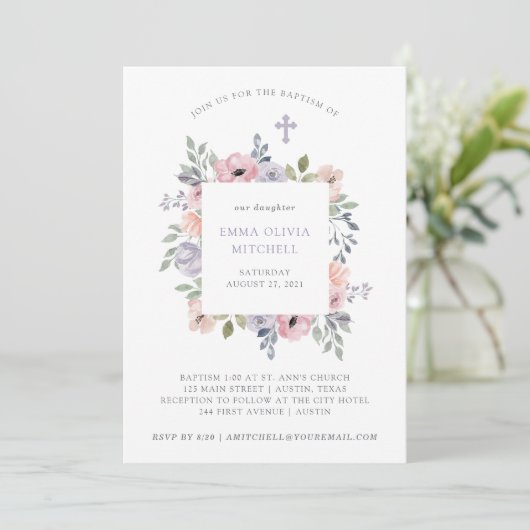 Subtiele Rozen van de Waterverf met Kruis | Baptis Kaart (Staand voorkant)