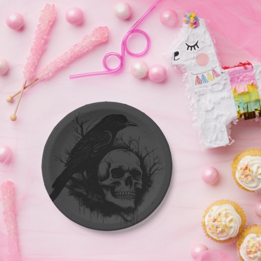 Subtiele schedel en kraai zwart grijs Halloween Papieren Bordje (Feest)