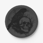 Subtiele schedel en kraai zwart grijs Halloween Papieren Bordje (Voorkant)