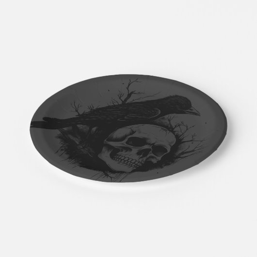 Subtiele schedel en kraai zwart grijs Halloween Papieren Bordje (Gekanteld)