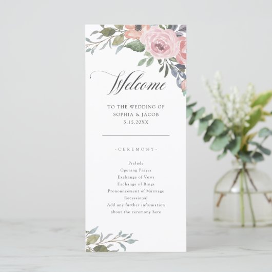 Subtiele Waterverf Rozen | Bruiloft Welkom Programmakaart (Staand voorkant)