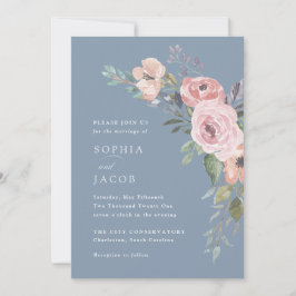 Subtiele Waterverf Rozen | Dusty Blue Wedding Kaart