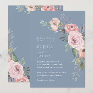 Subtiele Waterverf Rozen   Dusty Blue Wedding Kaart