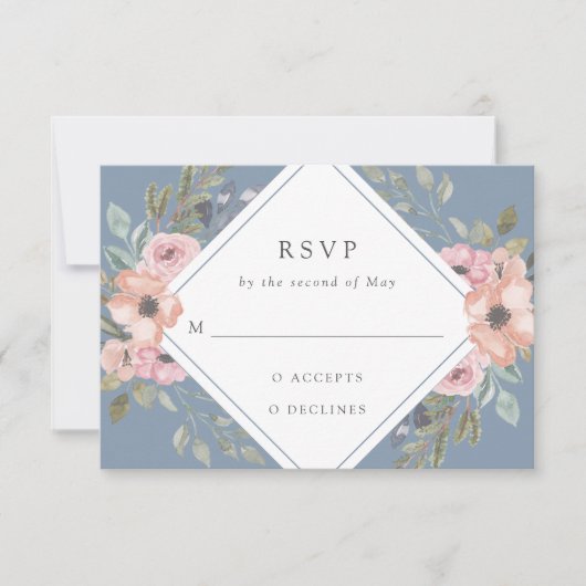 Subtiele Waterverf Rozen | Dusty Blue Wedding RSVP Kaartje (Voorkant)