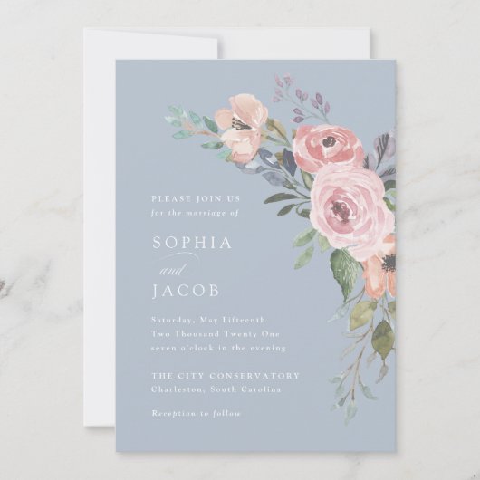 Subtiele Waterverf Rozen | Lichtblauwe bruiloft Kaart (Voorkant)