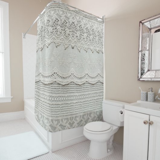 Subtiele witte kant, textiel close-up. douchegordijn (In situ)