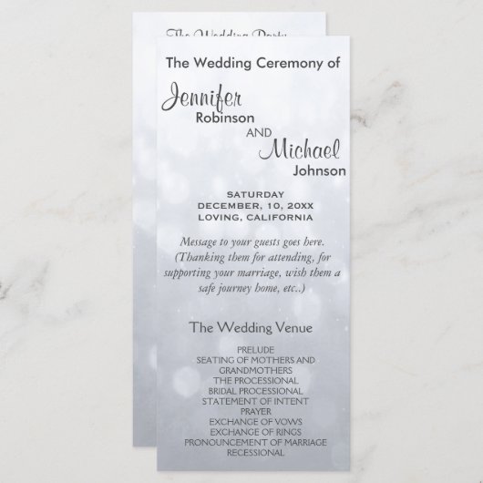 Subtiele Zilveren Bokeh Lights Trouwprogramma Programmakaart (Voorkant / Achterkant)