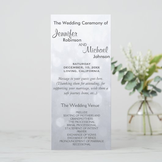 Subtiele Zilveren Bokeh Lights Trouwprogramma Programmakaart (Staand voorkant)