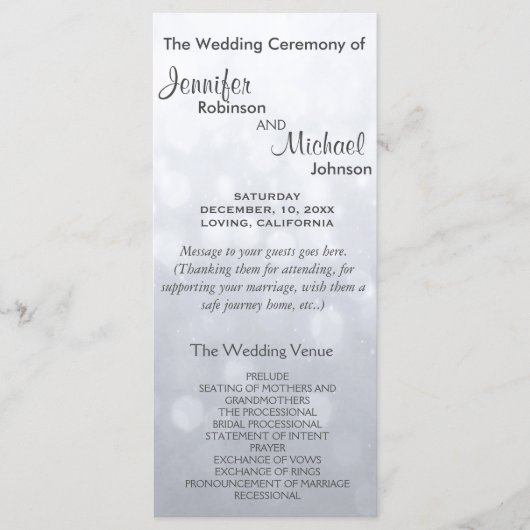 Subtiele Zilveren Bokeh Lights Trouwprogramma Programmakaart (Voorkant)