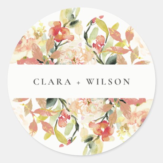SUBTLE BLUSH PEACH PINK WATERVERF FLORAL WEDING RONDE STICKER (Voorkant)