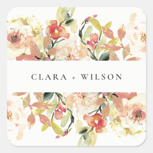 SUBTLE BLUSH PEACH PINK WATERVERF FLORAL WEDING VIERKANTE STICKER (Voorkant)